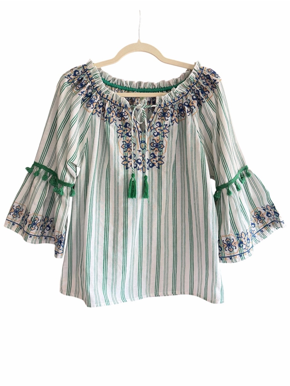 JADE MELODY TAM Green Stripe Embroidered Peasant‎ Top Boho S